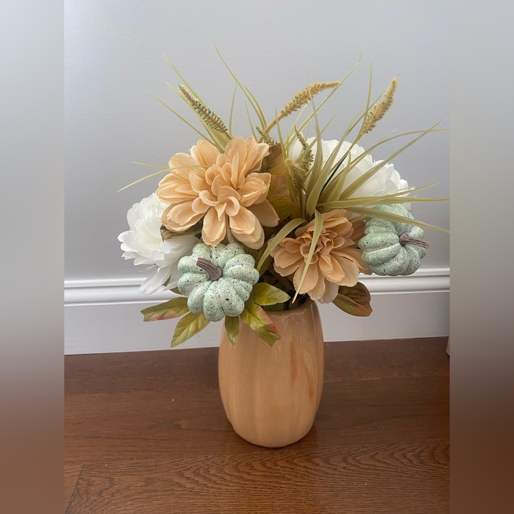 Floral Arrangement with Pumpkins in ceramic Vase